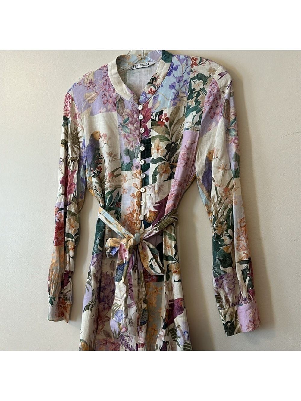 Zara Linen Blend Floral Print Belted Button Front Long Sleeve Mini Dress - Picture 10 of 16